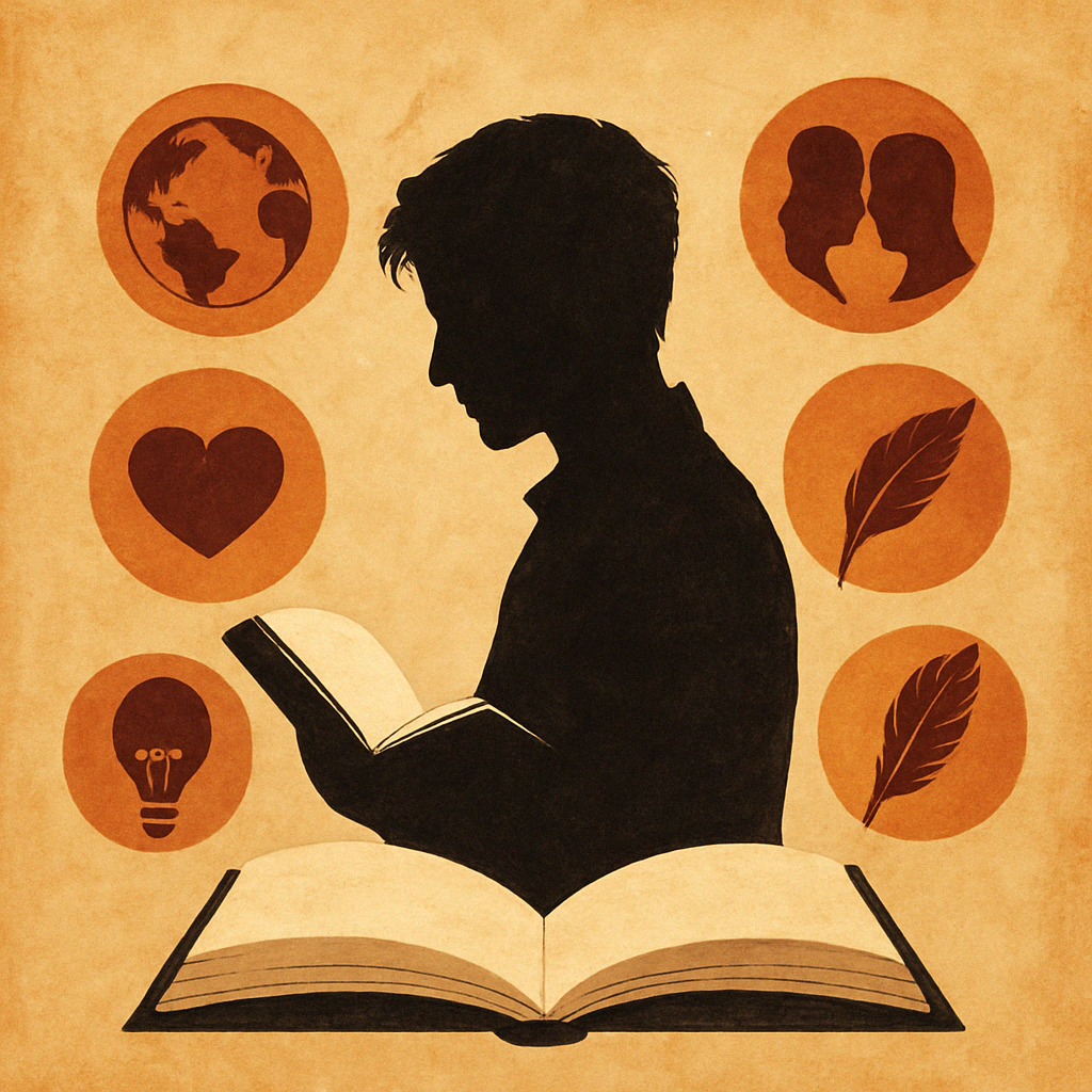 رسم تعبيري لكتاب مفتوح تتطاير منه الحروف – رمزية القصة والخيال