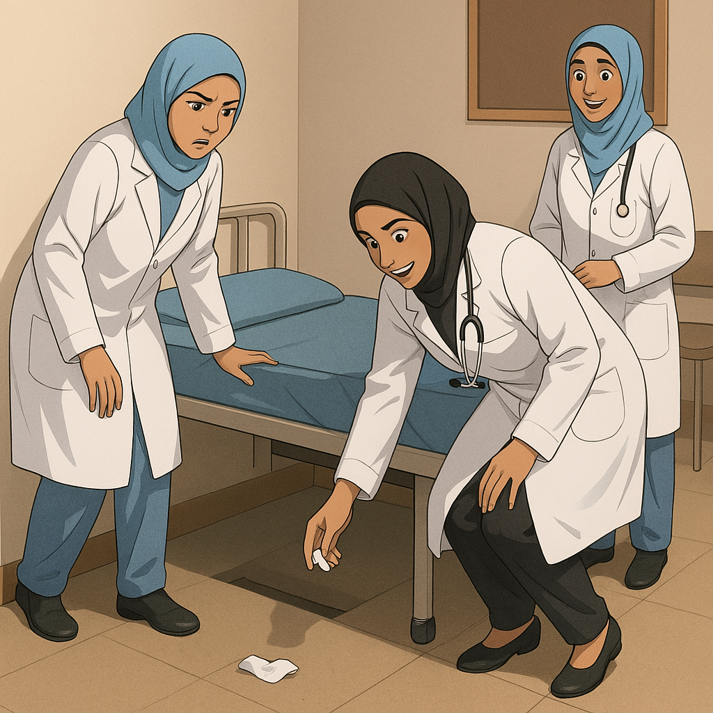 قصة ساخرة عن طبيبات يبحثن عن مناديل سقطت خلف السرير في غرفة الاستراحة