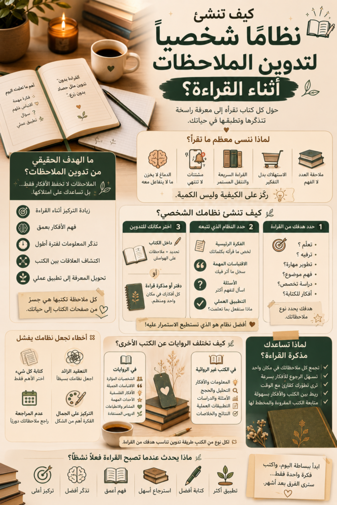 كيف تنشئ نظامًا شخصيًا لتدوين الملاحظات أثناء القراءة؟ دليل عملي لتذكر الكتب والاستفادة منها
